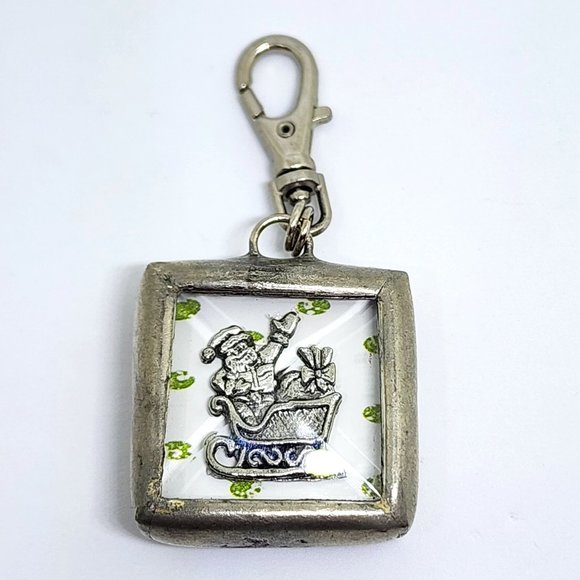 Rare Vintage Christmas Santa Ornament Two Sided Glass Pewter Swivel Clip Charm - Picture 10 of 10